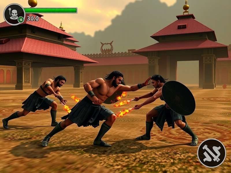 Karnataka Combat Gladiator gameplay screenshot showing intense battle in ancient Karnataka setting